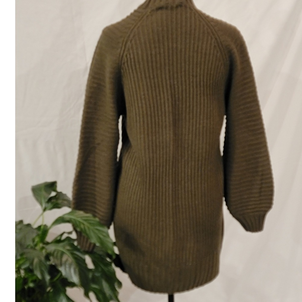Olive Green Mock Neck‎ Ribbed Knit Puff Sleeve Sweater Dress Mini Raglan Sleeves